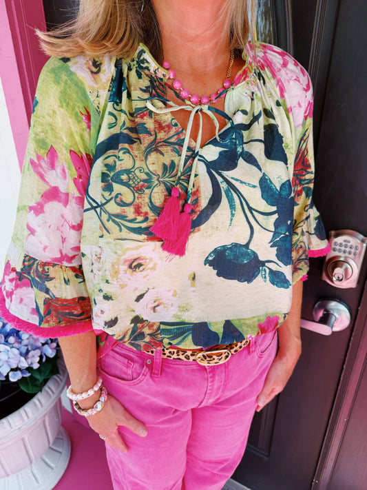 Pink Tassle & Fringe Floral Top