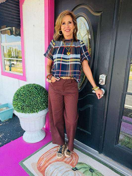 Navy Plaid Ruffle Nk Top