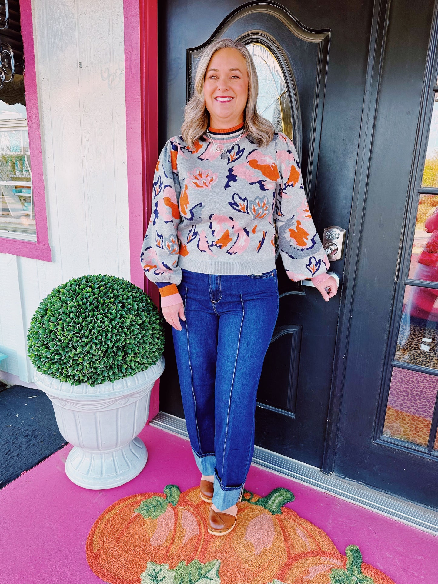 Gray Pink LS Pattern Sweater