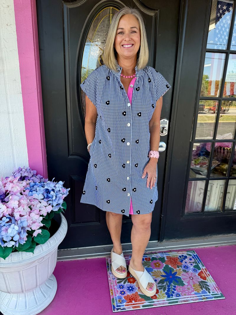 Navy Gingham Floral Emb Dress
