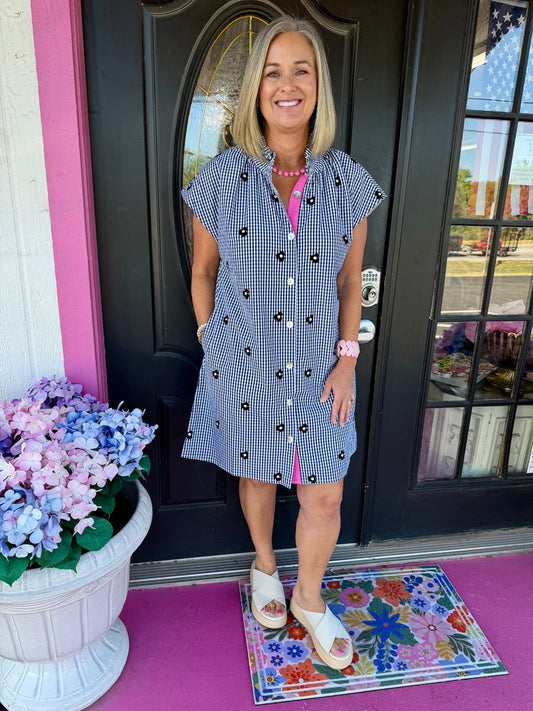 Navy Gingham Floral Emb Dress