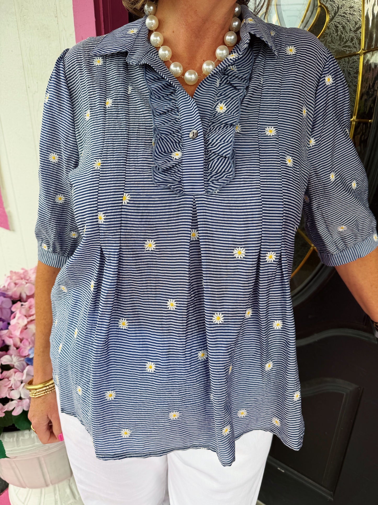 Navy Stripe Daisy Top