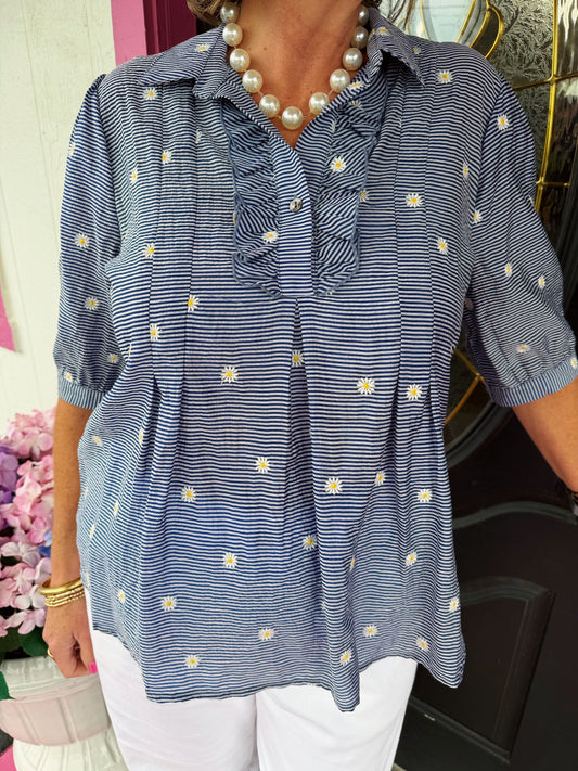 Navy Stripe Daisy Top
