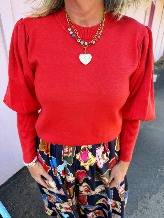 Love Red LS Puff Shldr Top