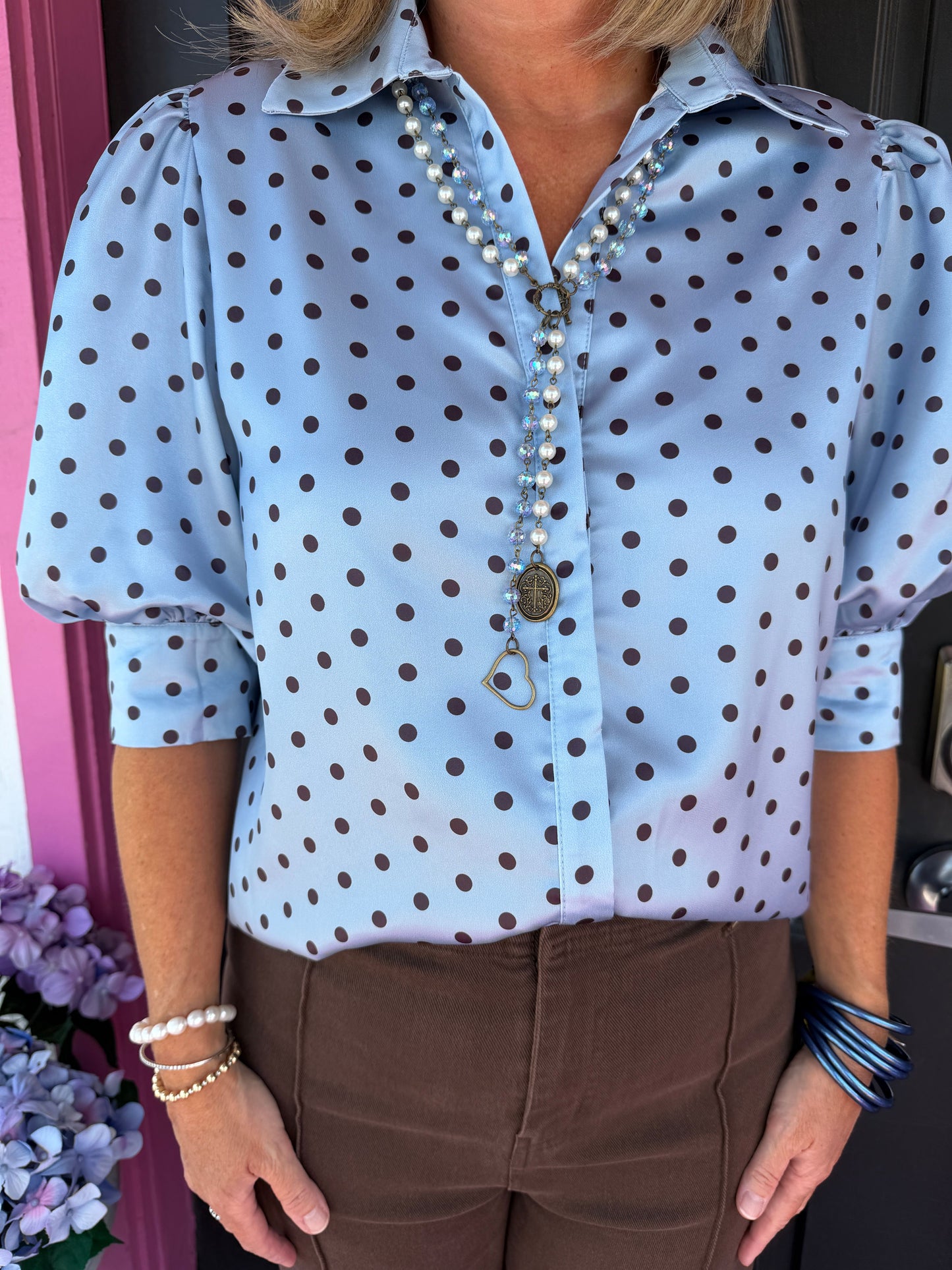 Powder Blue Satin Polka Dot Top
