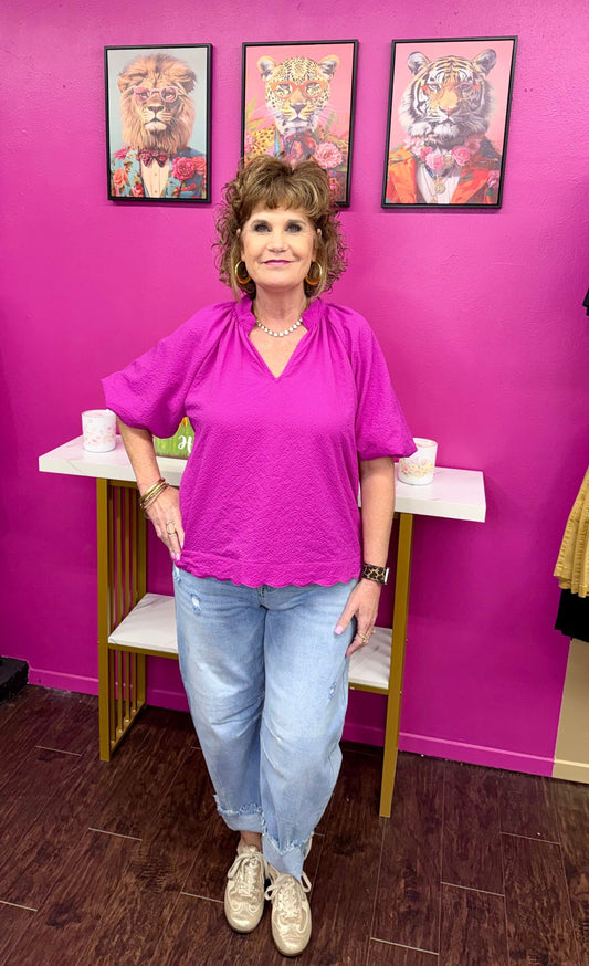 Magenta Bubble Slv V-Neck Top