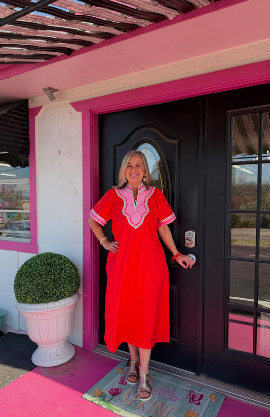 Orange SS V-Neck Midi Dress