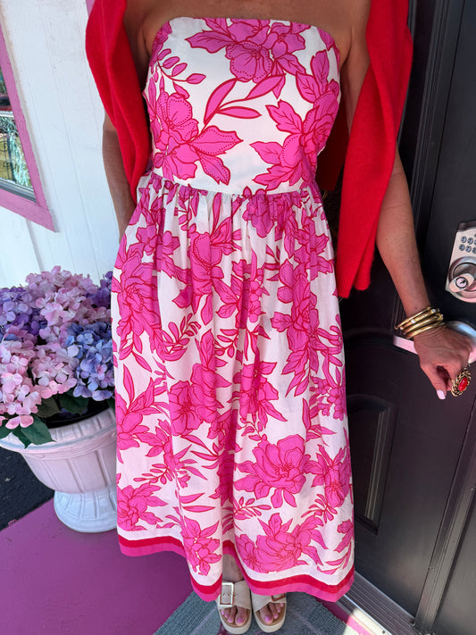 Pink & Red Floral Strapless Midi