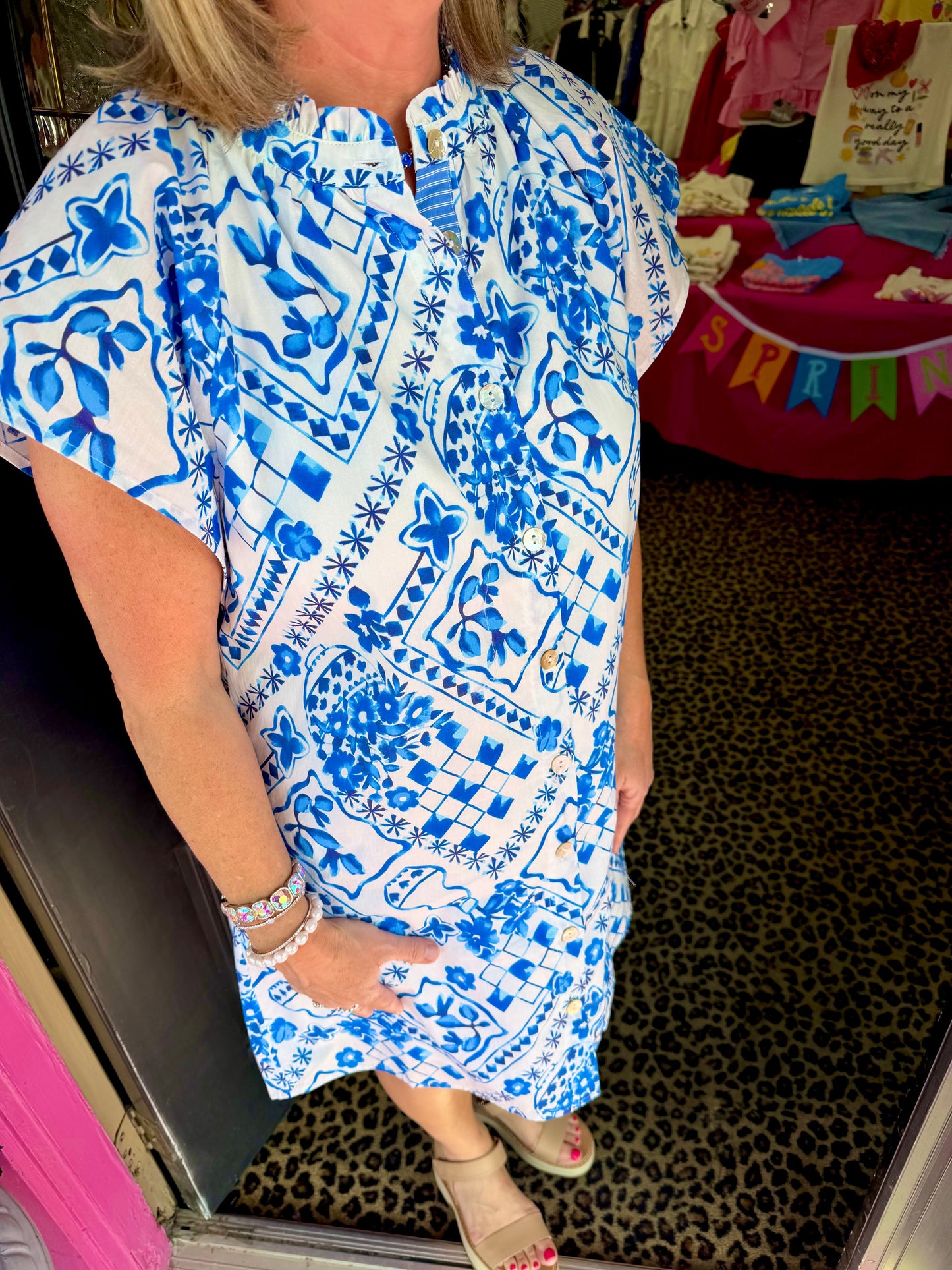 Blue/Wht SS Print Button Dress