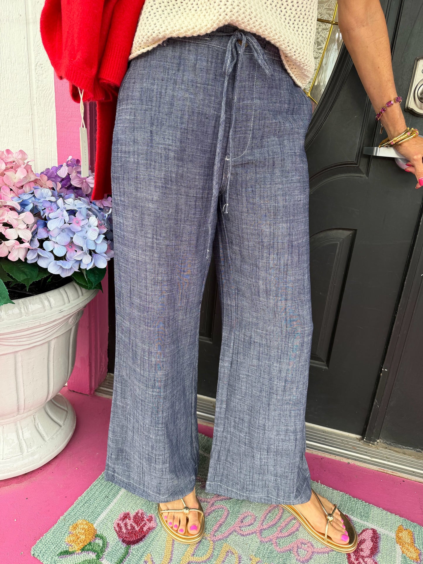 Navy String Tie Straight Pant