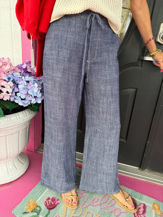 Navy String Tie Straight Pant