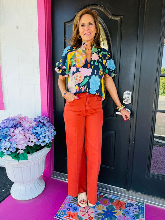 Navy Floral Puff Sleeve Top