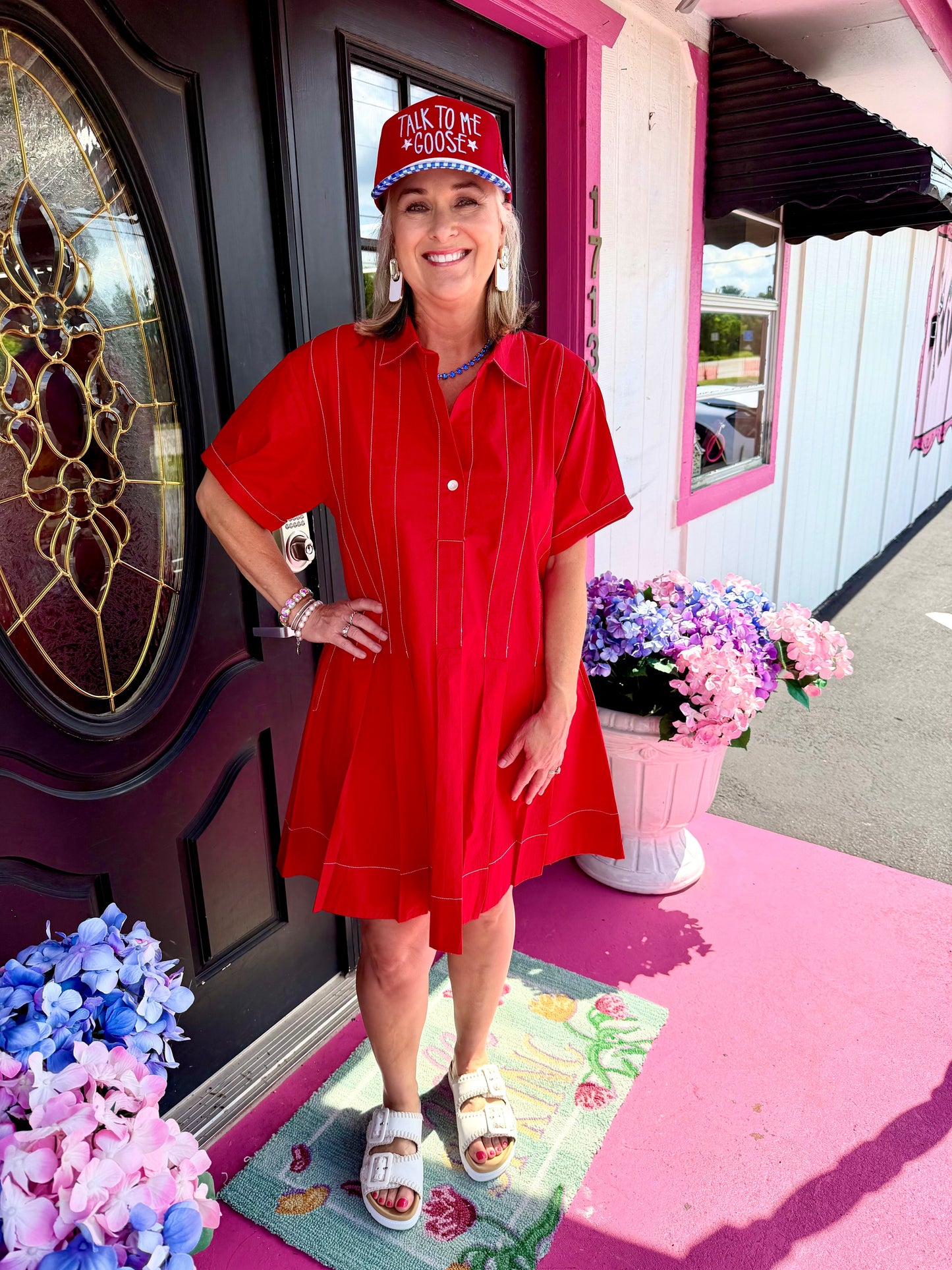 Red Pleated Shirt Dress