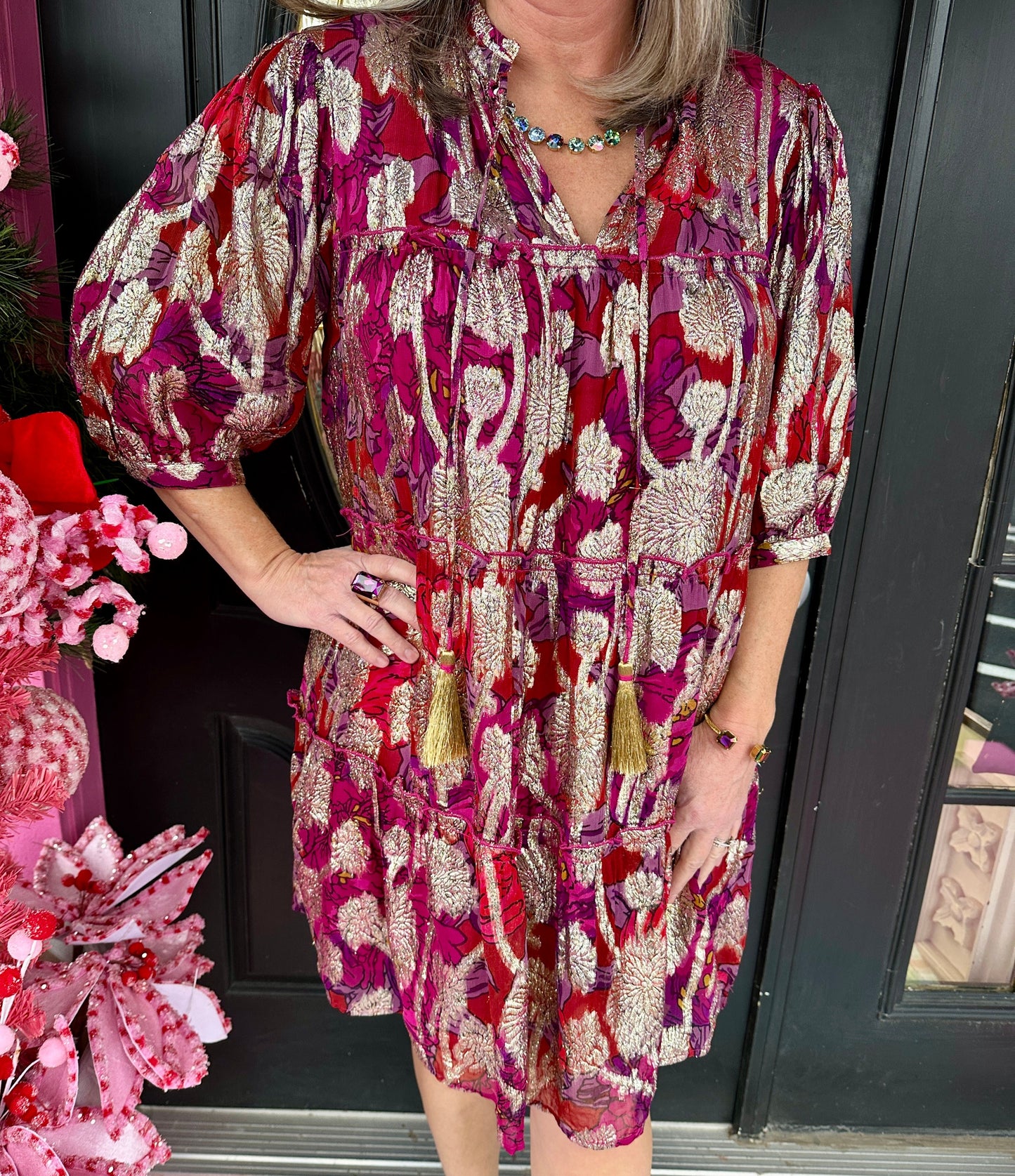 Wine Metallic Print Tiered Dress