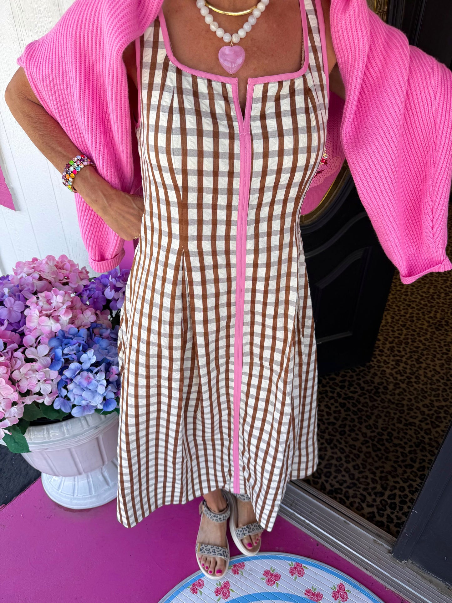 Brown Thin Strap Gingham Dress
