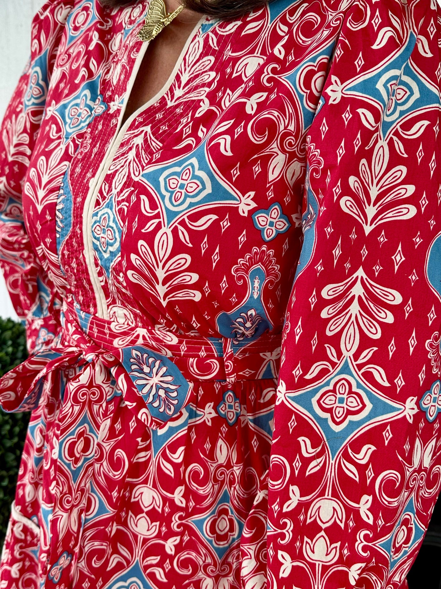 Red Print Midi Belted Dress