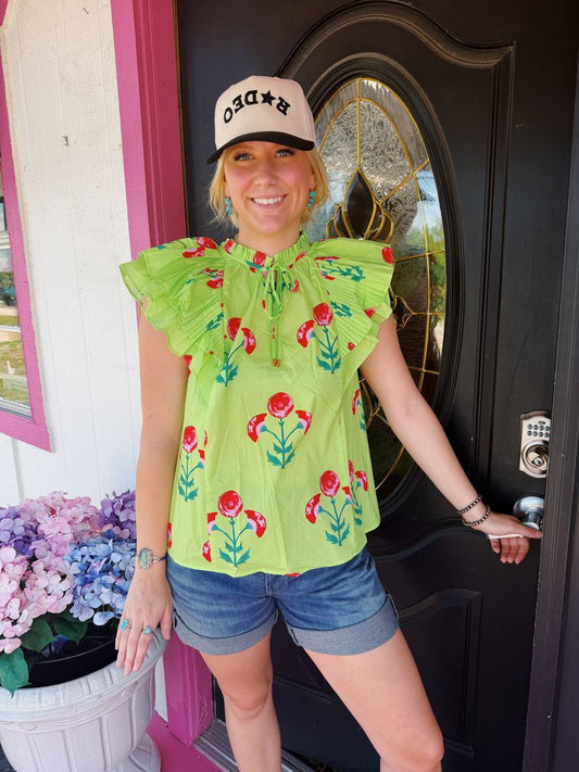 Apple Green Floral Tie Top