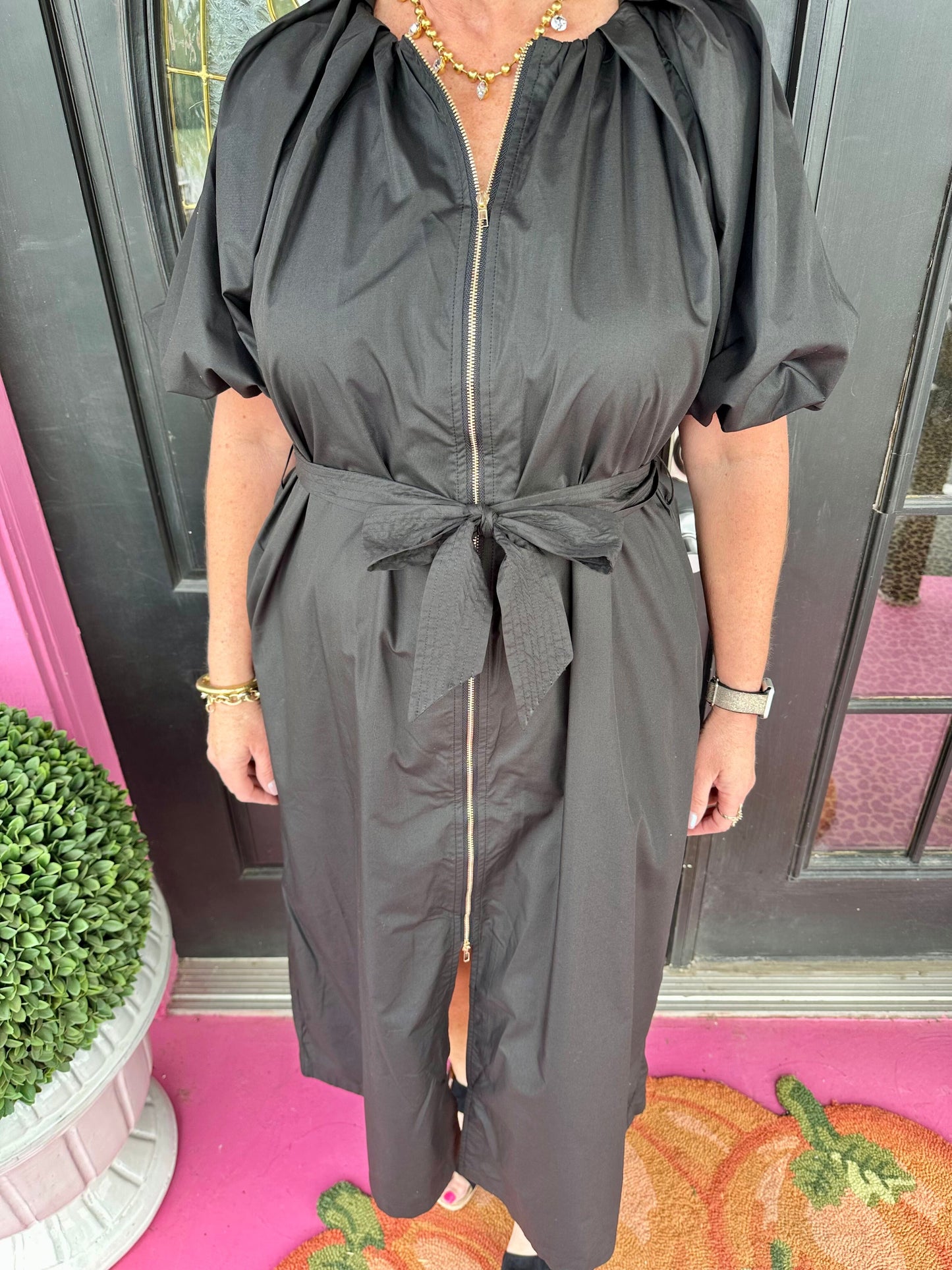 Puff Sleeve Front Zip Midi Dress