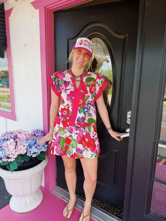Hot Pink Floral V-Neck Top