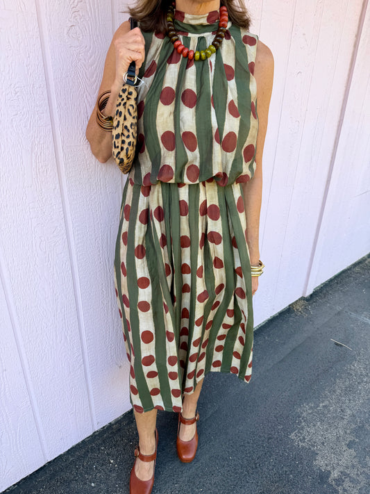 Olive/Rust Polka/Stripe Midi
