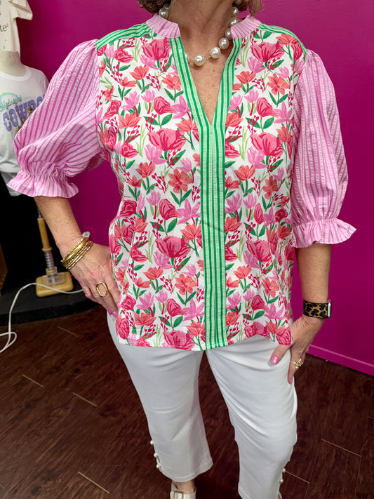 Pink Green Stripe Mixed Top