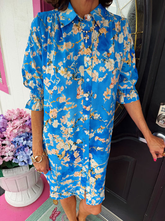 Bright Blue Floral Print Dress