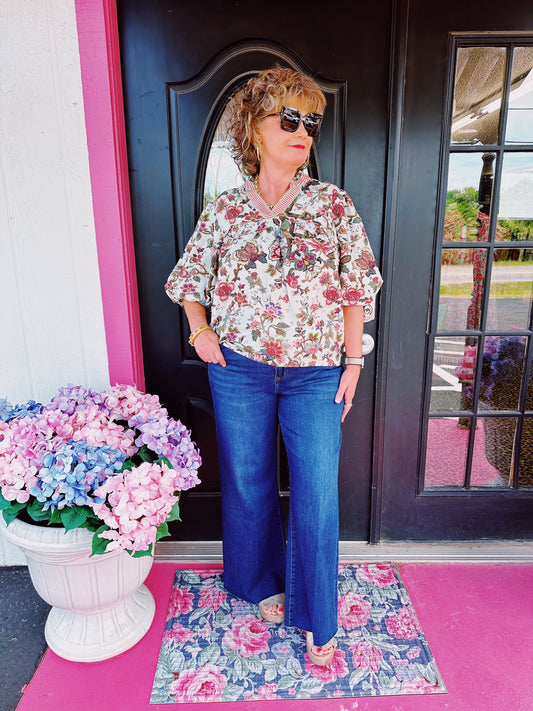 Sage Floral Striped Trim Top