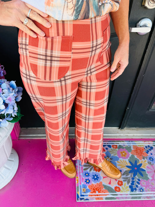 Tomato Plaid Ruffle Hem Pants