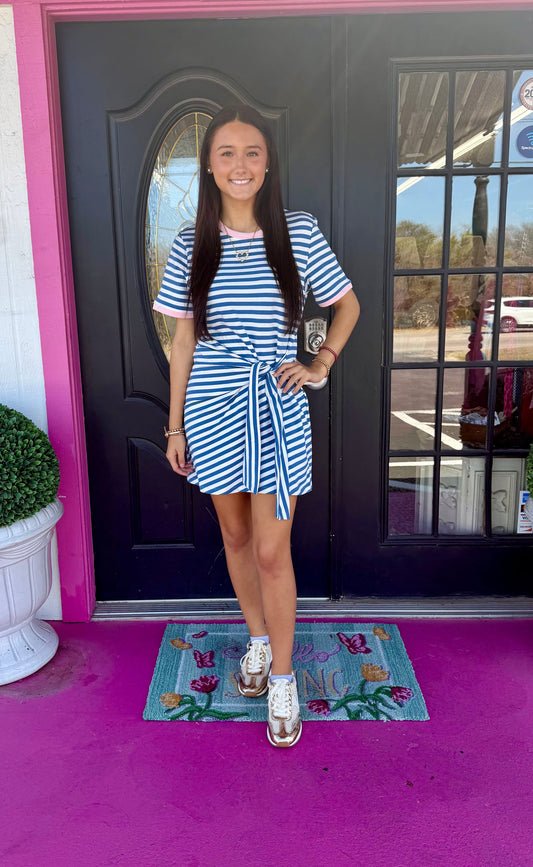 Striped Waist Tie Mini Dress