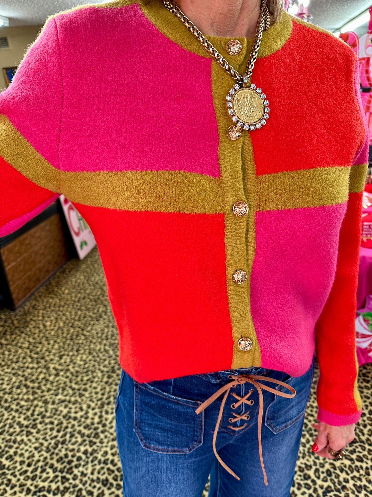 Red/Pink Colorblocked Cardigan