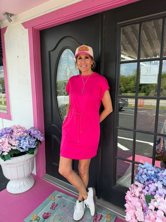 Fuchsia Knit Tie Waist Mini Dress