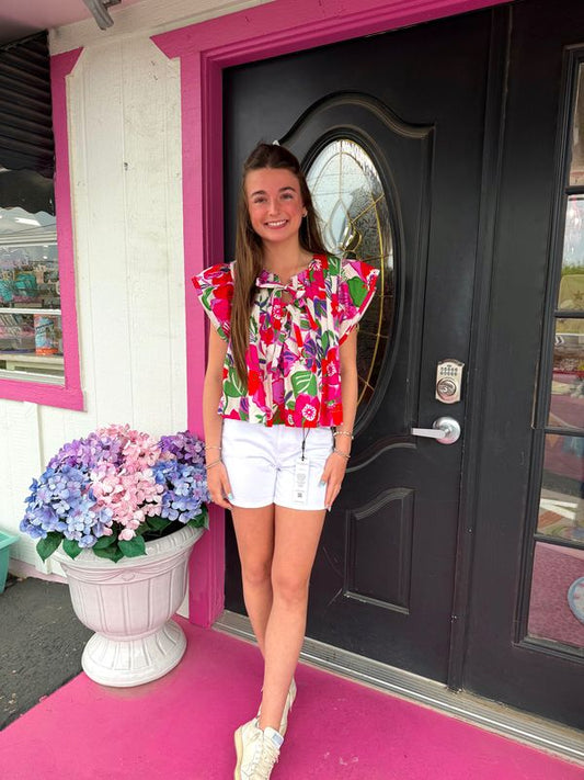 Pink Floral Pleated Bow Tie Top